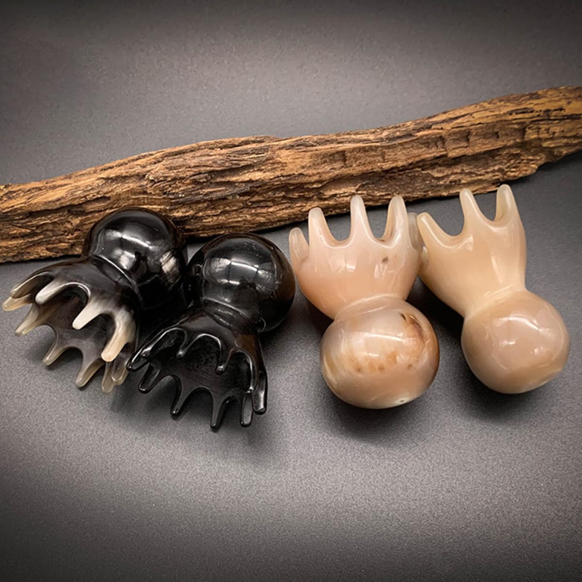 2 Piezas Peine de masaje de pulpo peine masajeador de cuero cabelludo de pulpo portátil de bocina de yak hecho a mano de mujer Consumo de bocina Black