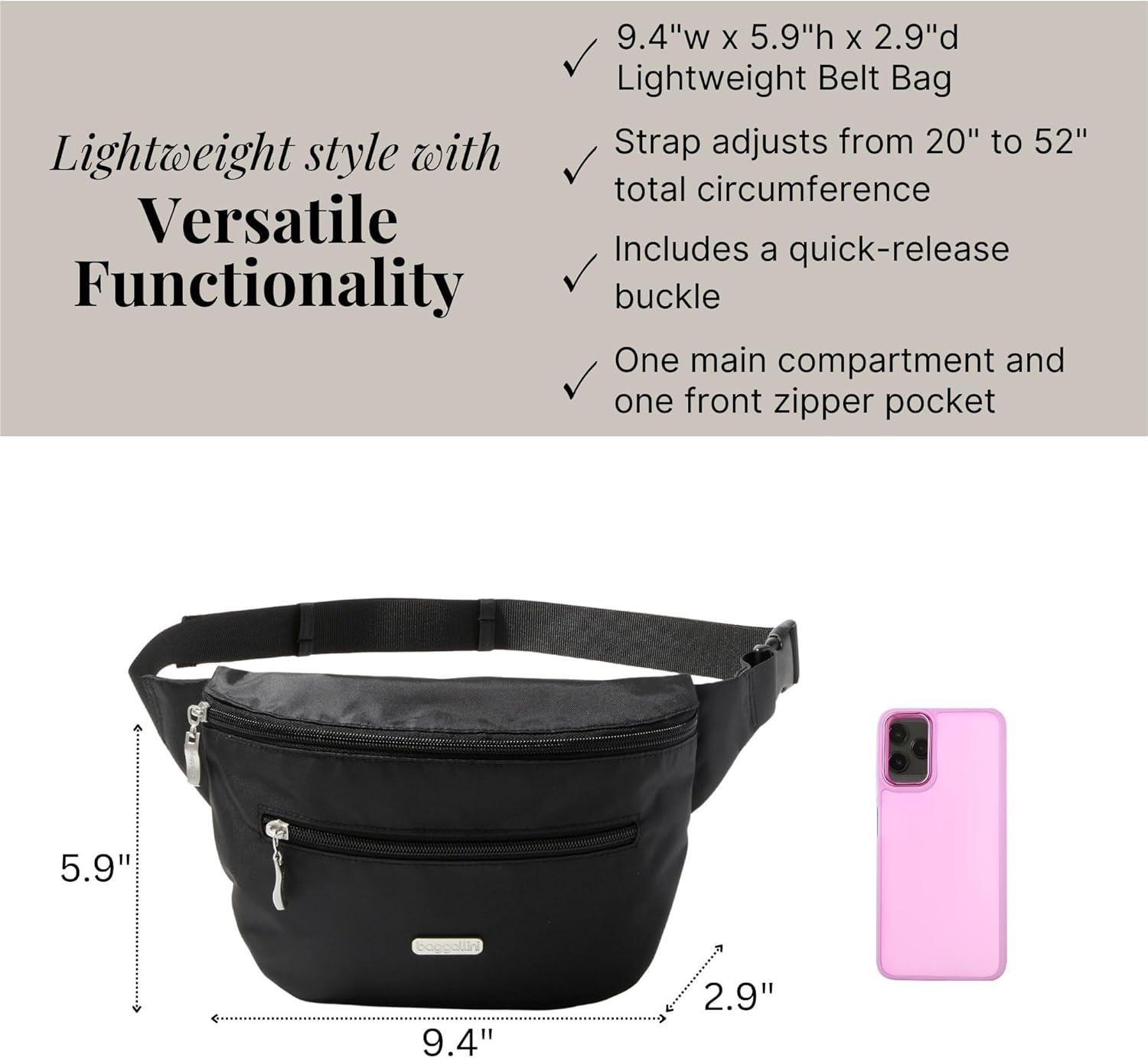 Baggallini Essential Belt Bag - 19x6" Crossbody Fanny Pack Waist Pack w/RFID & Adjustable Strap