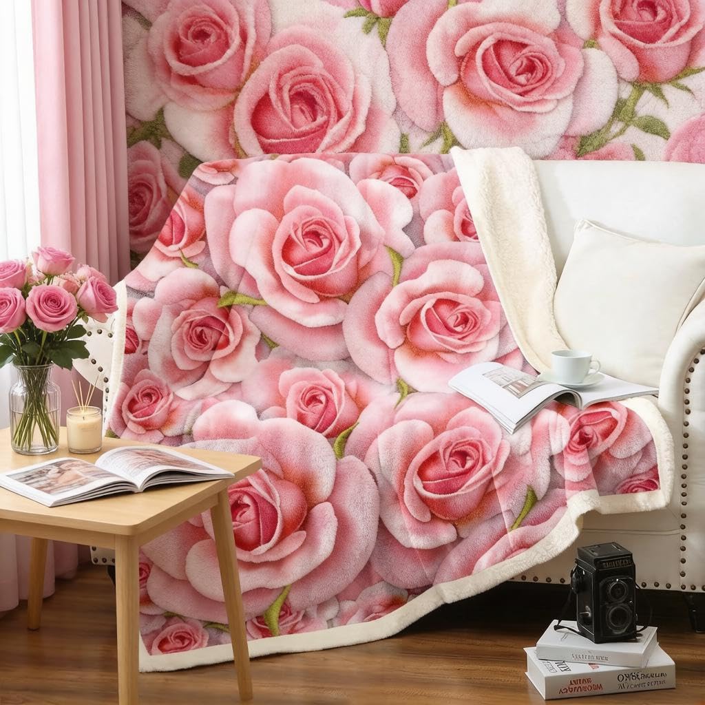 Loussiesd Pink Rose Sherpa Blanket Rose Floral Print Fleece Blanket for Chair Sofa Couch Women Romantic Flowers Pattern Garden Theme Room Decor King 87"*94" — image 1