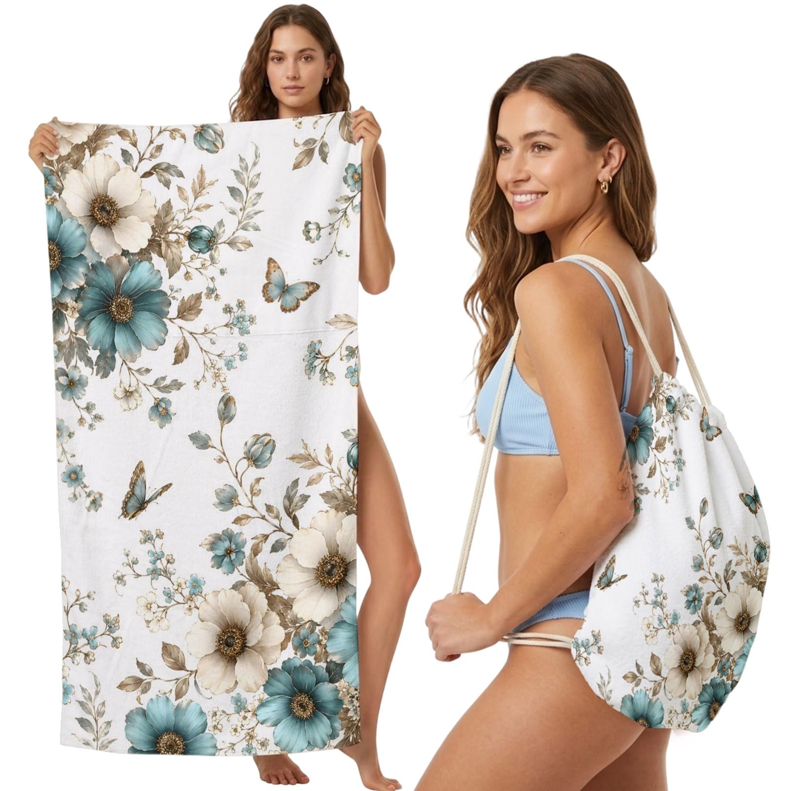 Beach Towel Bag 2 in 1 Teal Blue White Blossoms Bath Pool Towels Backpack Butterfly Vibrant Floral Absorbent Beach Towel Soft Quick Dry Lightweight Packable Towels Drawstring Bag for Travel Sports