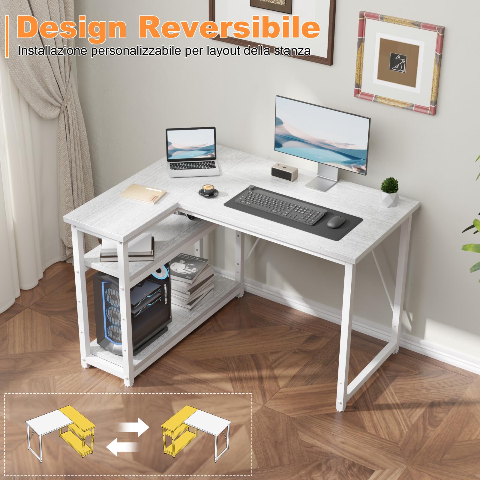 TRIUMPHKEY Scrivania ad Angolo Reversibile 100 x 80cm, Scrivania a Forma di L con Ripiani,Tavolo da Lavoro,Struttura in Acciaio, per Computer, Ufficio, Studio and Soggiorno, Marrone rustico