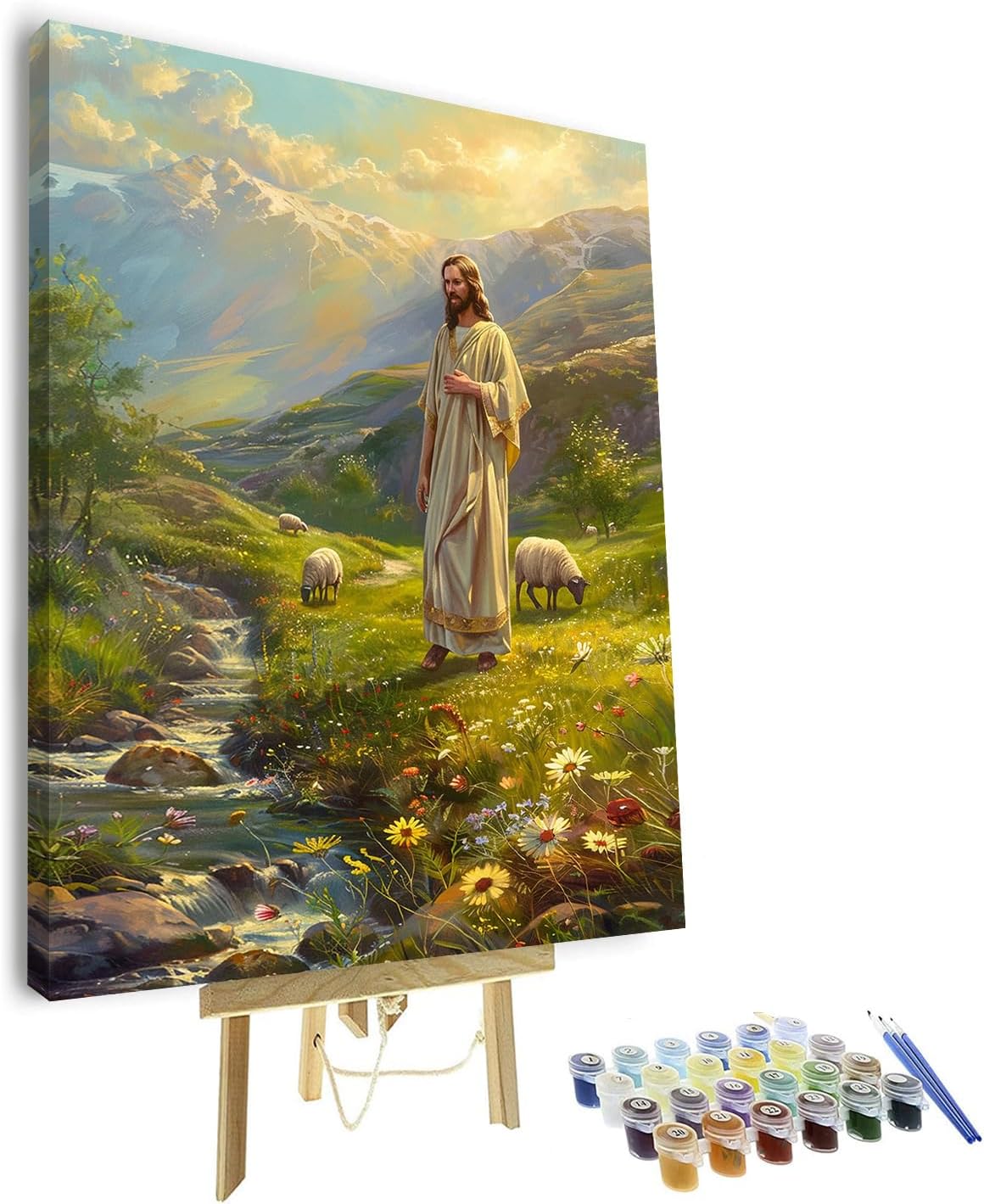 TUMOVO Jesus Paint by Numbers for Adults Beginner, The River FrontPaint by Number Kits on Canvas DIY in The Mountains Oil Hand Painting with Brushes Art Crafts for Home (Framed) 16"x20"Inch