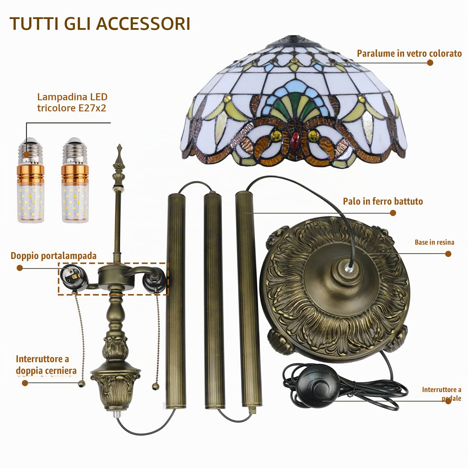 Piantana Lampada da Stelo Terra Soggiorno Stile Tiffany,Lampada Vintage Salotto Camera Da Letto Arredamento Casa,16" Paralumi in Vetro Macchiato,Alta 165 Cm Con 2 Lampadine Led E27(F-1)