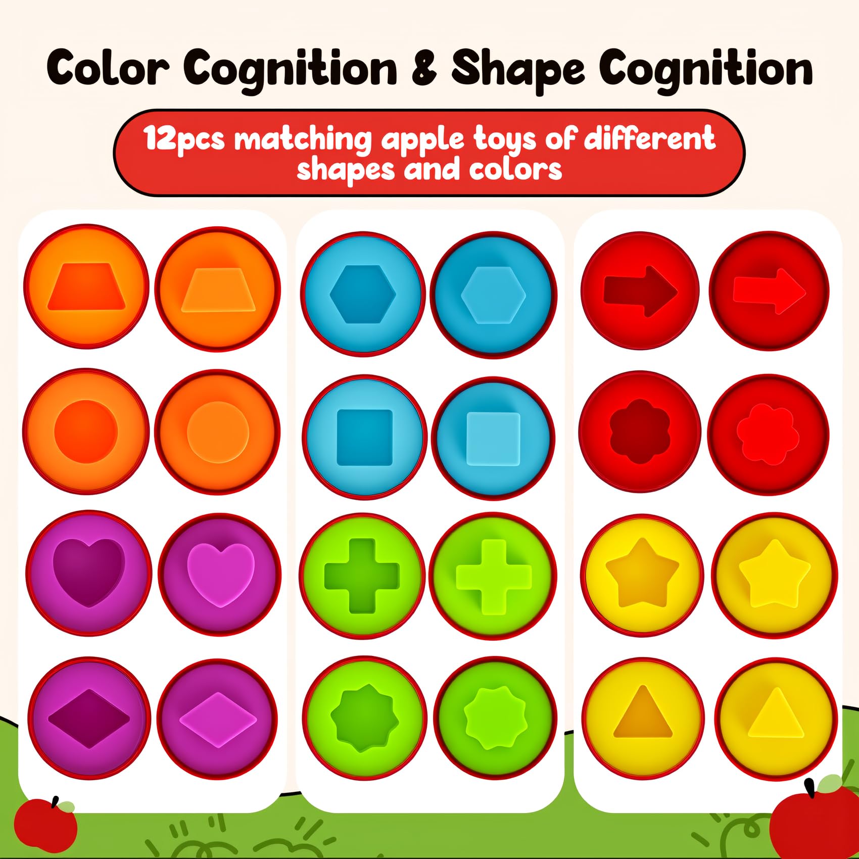 Montessori - Juguetes geométricos clasificadores de formas de manzana para niños pequeños de 1 a 3 años, educación preescolar Montessori, aprendizaje de clasificación de colores, juegos a 2