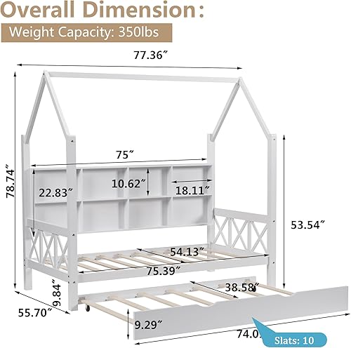 Miniatura 16 de Cama individual con cama nido y techo para niños, marco de cama de madera tamaño individual con estantes de almacenamiento, barandillas de madera,