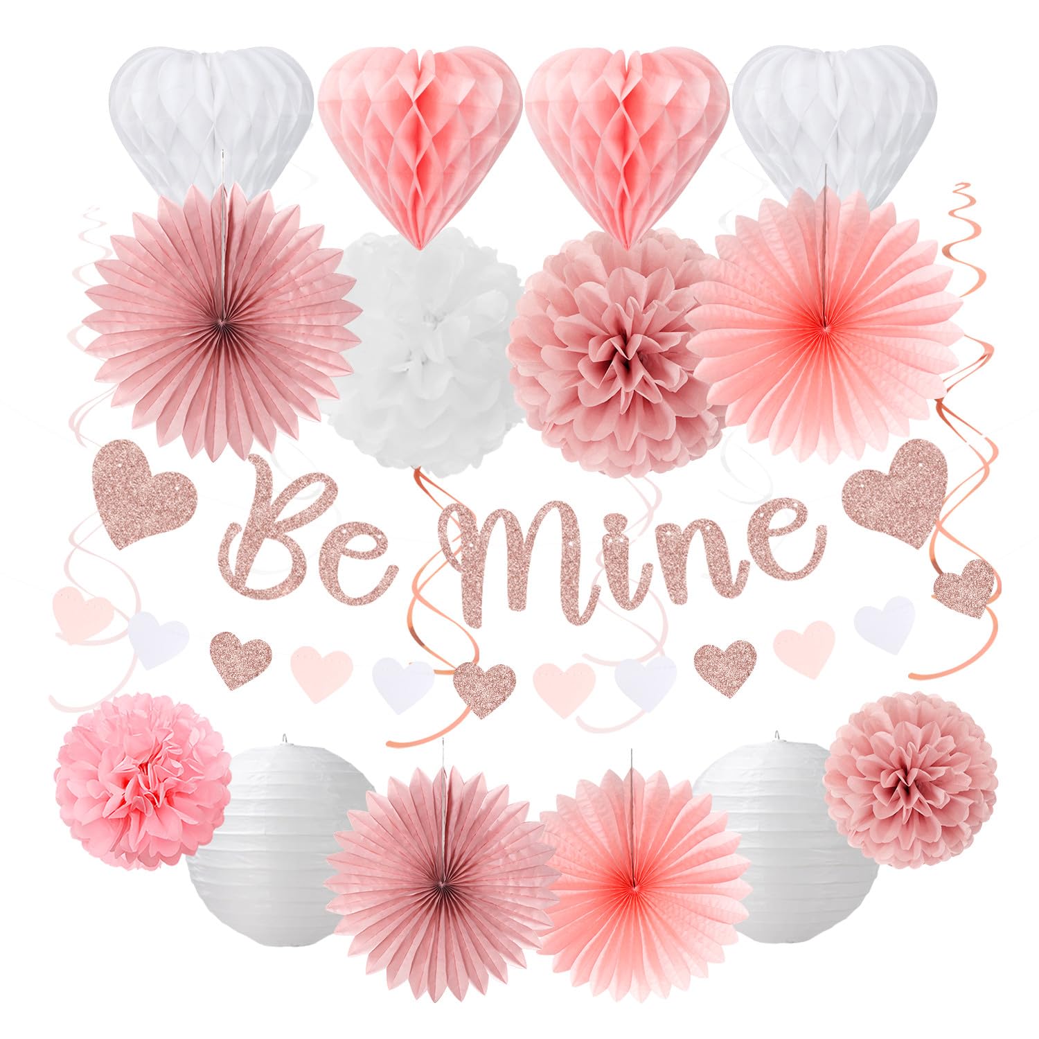 - Blush-Light Pink Valentines-Day Galentines Party-Decorations - 22pcs Rose Gold Be Mine Love Banner,White Paper Lanterns Honeycomb Balls,Tissue Pom Poms Flowers Fans,Happy Anniversary Decor Hugmoon
