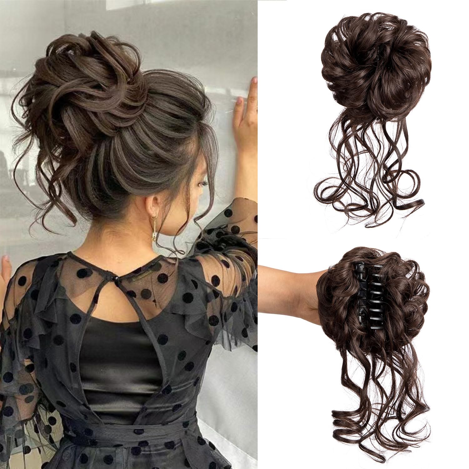 Haarteil für Hochsteckfrisuren, Klaue, Dutt, Haarteil, elastischer Kordelzug, synthetische Claw Clip Messy Bun Hair Piece Tousled Updo Hair Buns Extension für Damen (Dark Brown)