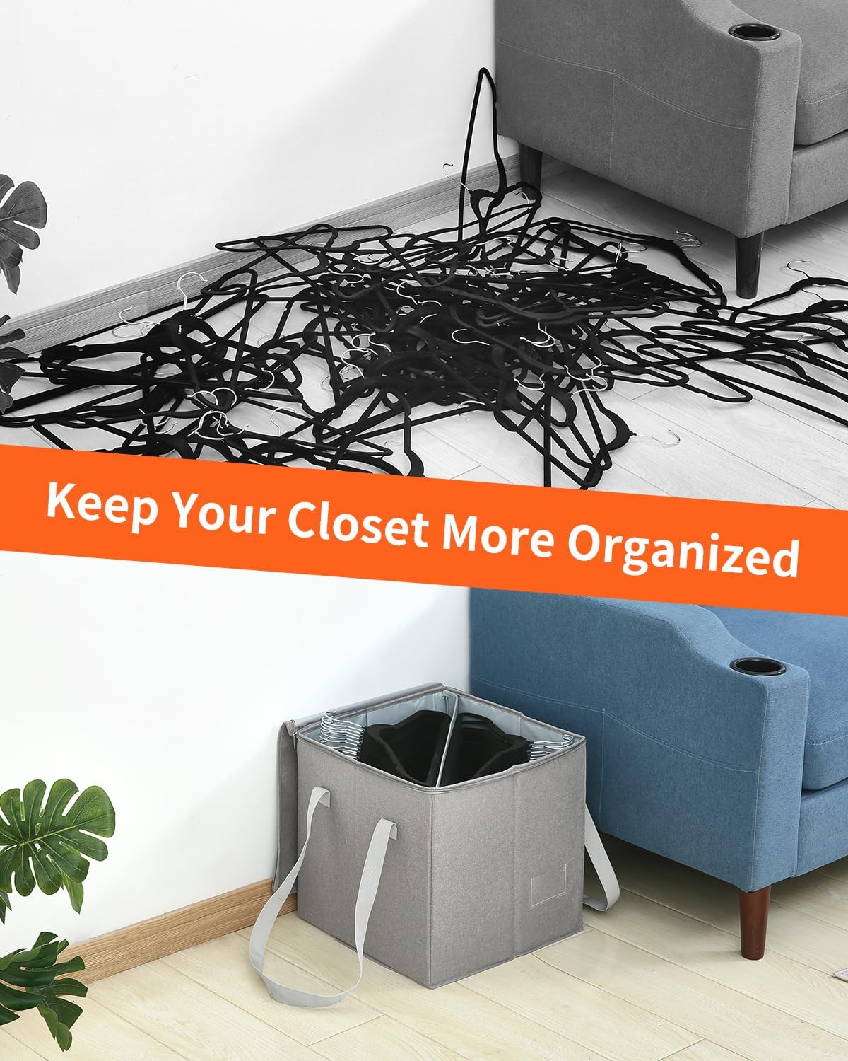 Qozary 2 Pack Clothes Hanger Organizer Bag-Rigid Hanger Storage Containers with Lid for Dustproof, Large Hanger Holder, Hanger Caddy Organizer Box with Handle-Keep Different Style Hangers Separate