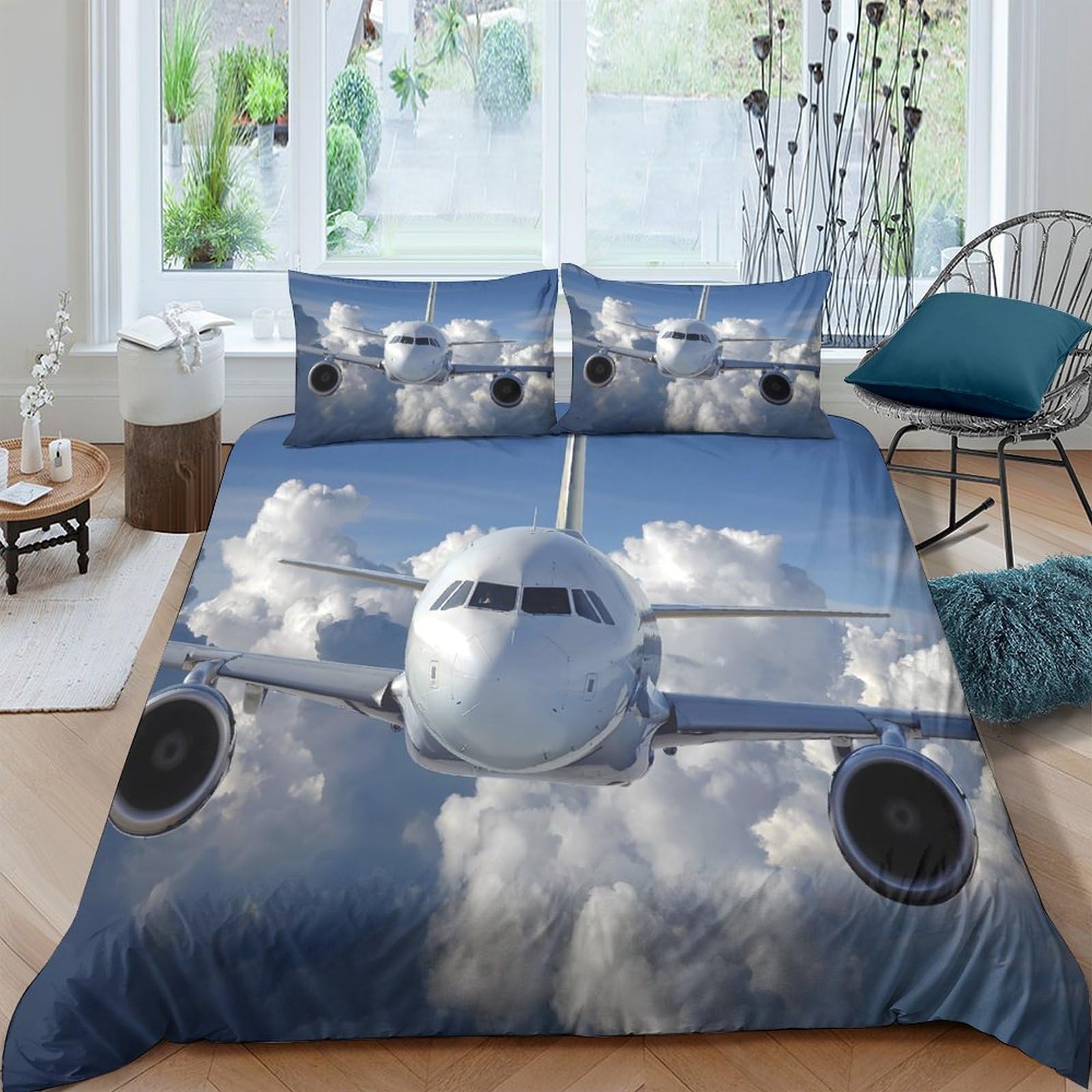 Ctjqhvkz Style-2 3D Printed Airplane Cloud Fitted Sheet Microfiber Soft Breathable Sky Bed Cover For Bedroom Guest Room Decor Single（135X200cm）