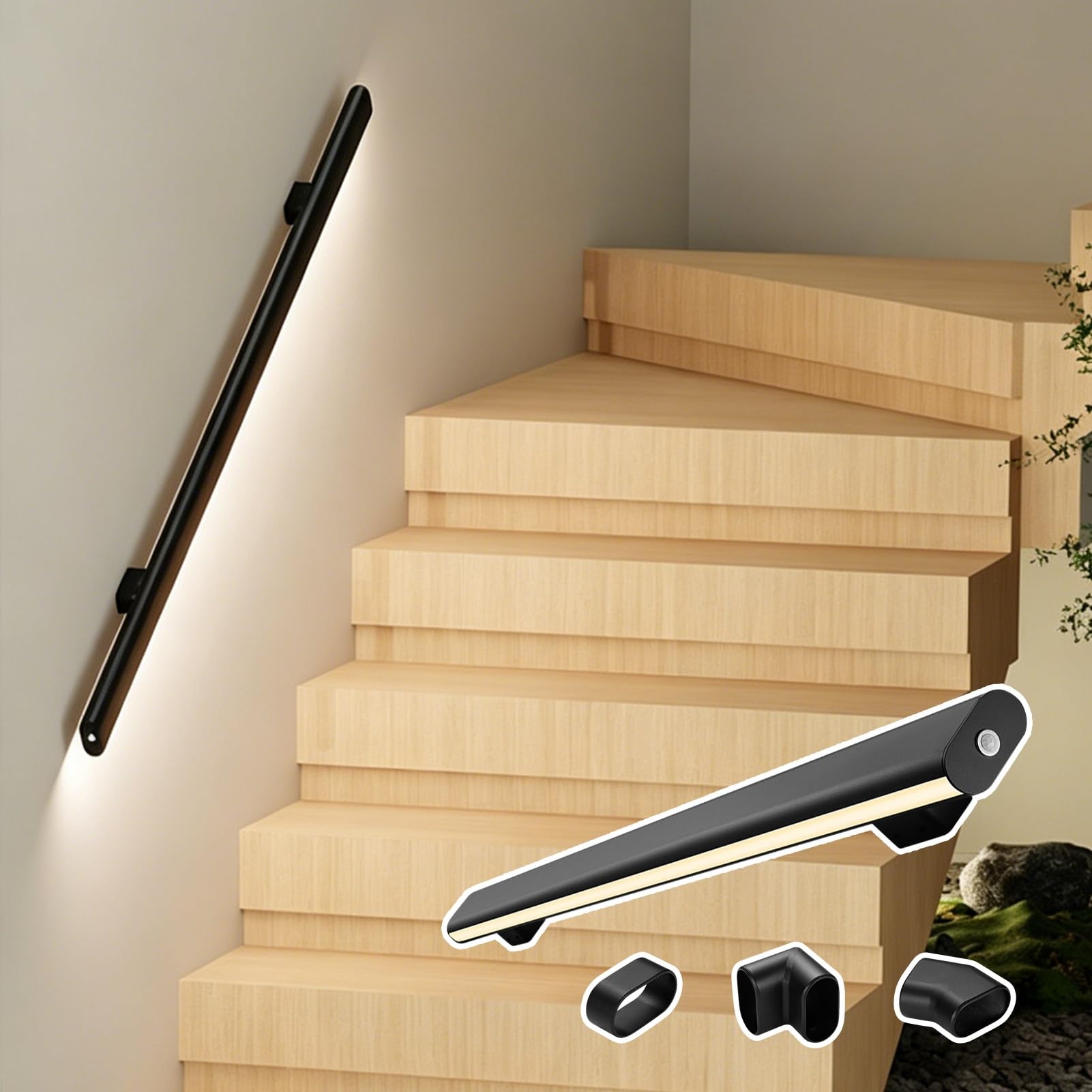 Viiguiy Left Black Ambiance Lighted Stair Handrail With Body Sensing, Luminous Smart Staircase Safety Rail, Minimalist Wall Mounted Handrails For Indoor Stairs(,250Cm/8.2Ft)