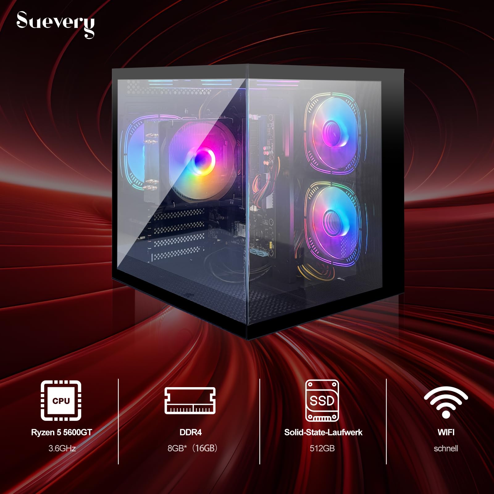 suevery Gaming PC Ryzen 5 5600GT (6 Kerne, 12 Threads, bis zu 4.6 GHz) Vega 7 16 GB RAM 512 GB NVMe SSD WLAN Desktop Computer Tower Geeignet für Büro, Zuhause und Einsteigerspiele Schwarz