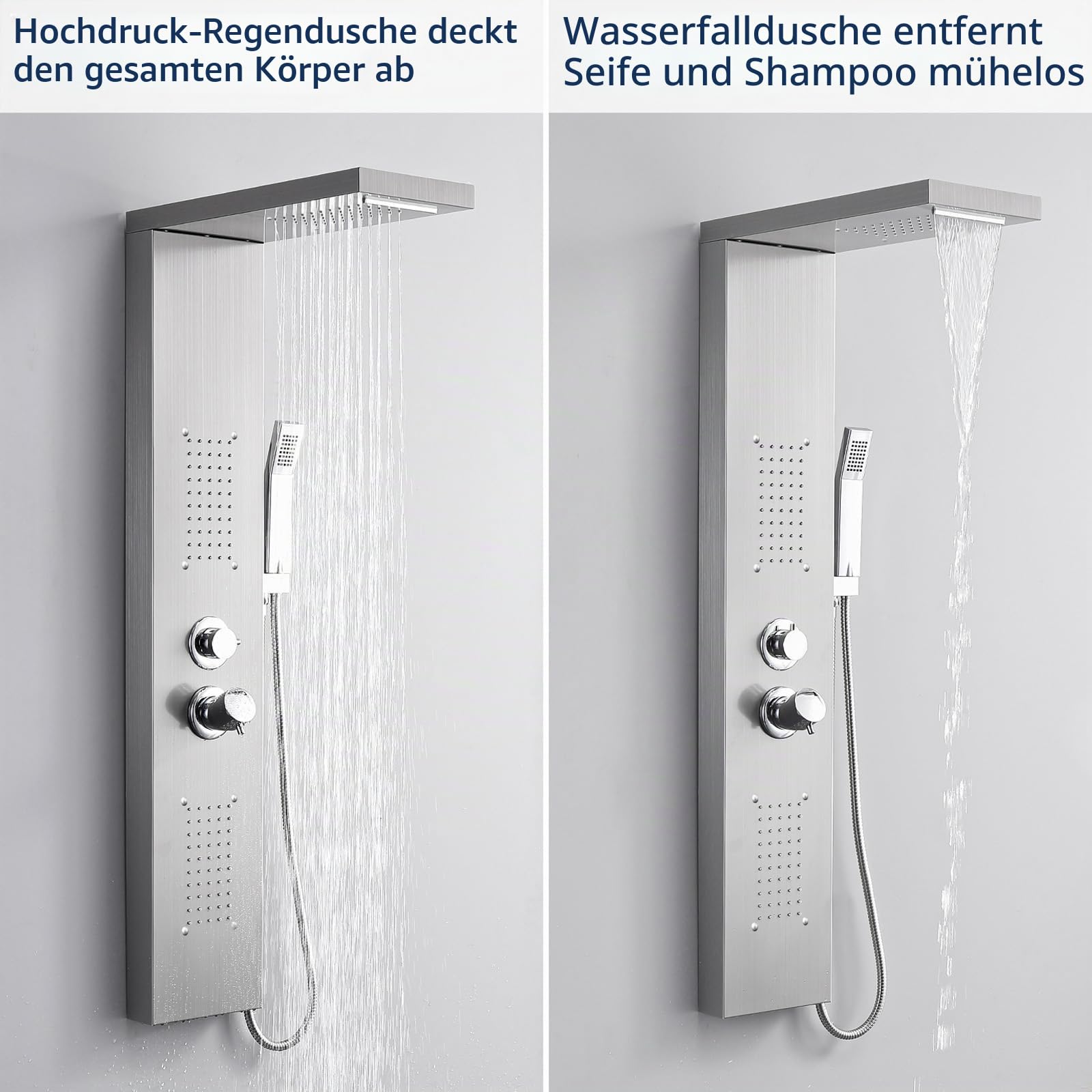 HOMELODY Duschpaneel, 4-Funktion Duscharmatur Komplettset mit Duscharmatur, einschließlich Regendusche, Massagedusche, Handbrause und Wanneneinlauf, geeignet für das Badezimmer, aus Edelstahl
