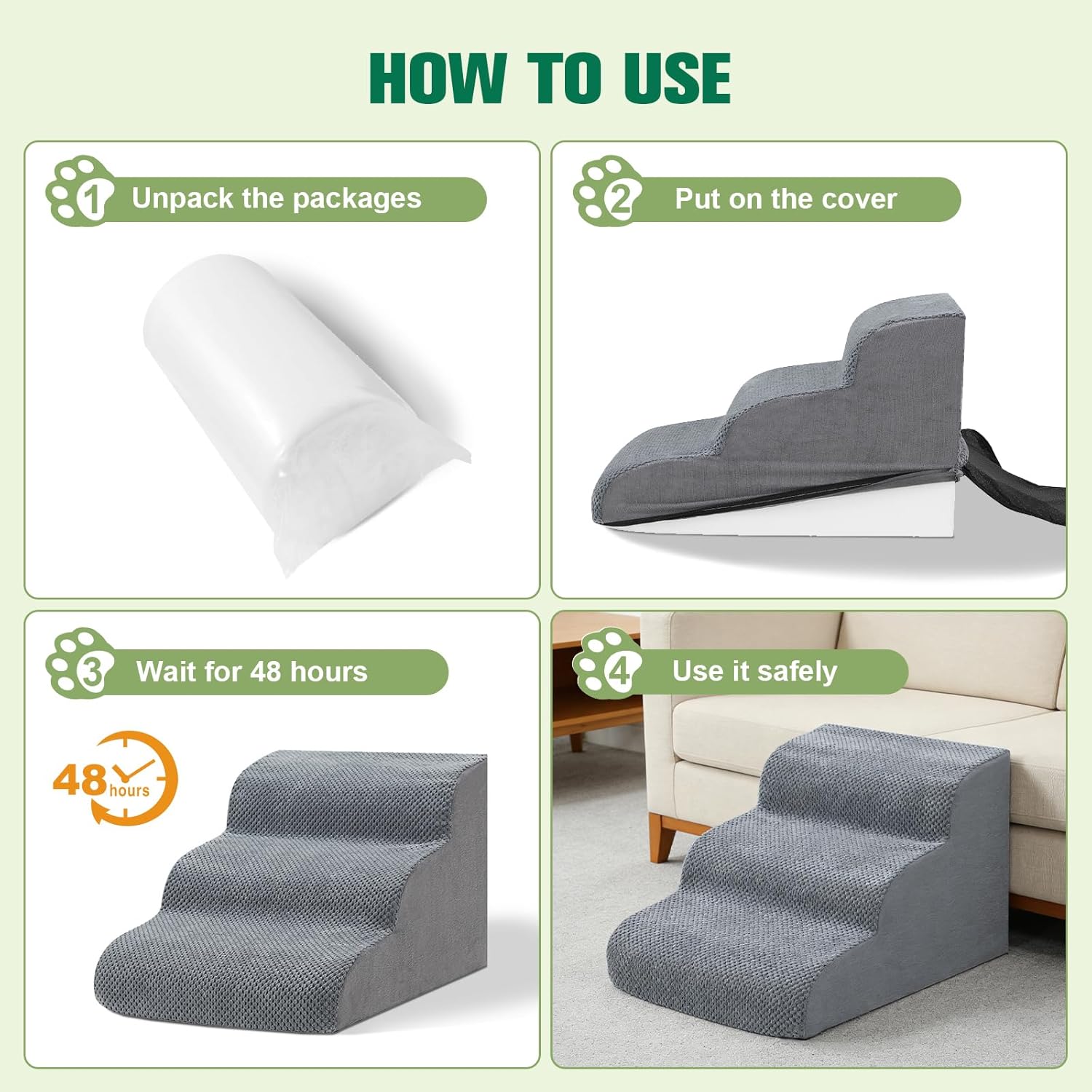 Dog Stairs Ramp for Small Dogs and Cats,13.8'' H 3-Step Pet Stairs for Sofa Chair Counch, Non-Slip Foam Pet Steps with Soft Surface,Grey