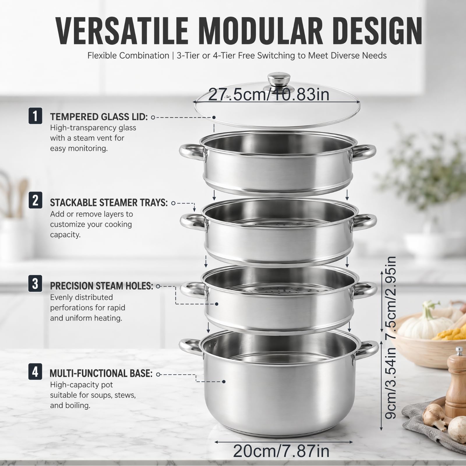 LOMUG Dampfgarer zum Kochen – 28 cm Edelstahl-Dampfgarer mit Dämpfeinsatz, 3/4/5-stöckiges Kochgeschirr mit Deckel zum Garen von Gemüse, Meeresfrüchten, Suppen, Eintöpfen und Pasta