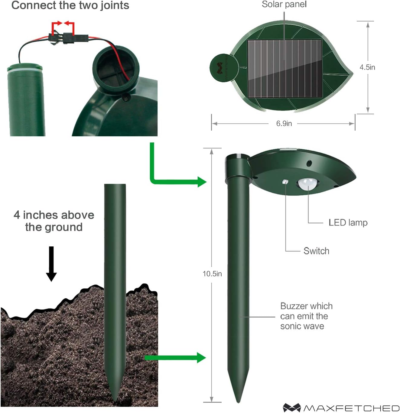 Solar Snake Repellent Ultrasonic Outdoor with LED Light, Sonic Mole Repeller Solar-Powered, Snake Mole Vole Gopher Away for Lawn Yard 2PK