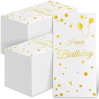 100 Happy Birthday Guest Napkins - Disposable Gold Foil Balloons Paper Hand Towels, 3 Layers White and Gold Birthday Dinner Napkins for Men Women Birthday Party Table Decorative