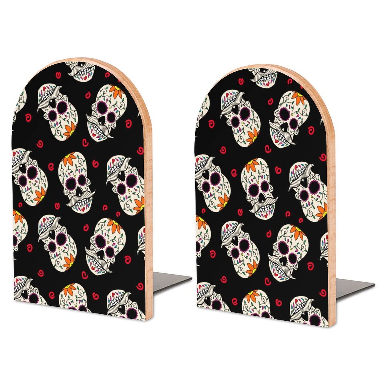 Mexican Sugar Skulls Bookends Heavy Duty Book Stand 1 Pair for Home Office Shelves Decorative