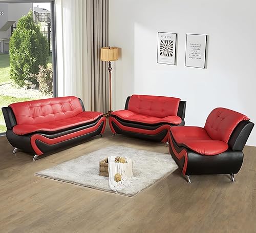 Moderno sofá de cuero en contraste rojo y negro de lujo, combinación de 3 plazas + 2 plazas + sillón, conjunto de muebles de sala de Estar de Estilo