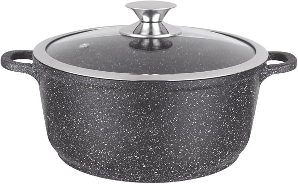 Kamberg - Marmite Faitout 28 cm - Fonte d'Aluminium - Revêtement Type Pierre - Couvercle en Verre - Tous Feux dont Induction - Sans PFOA - 0008033, Noir - 1