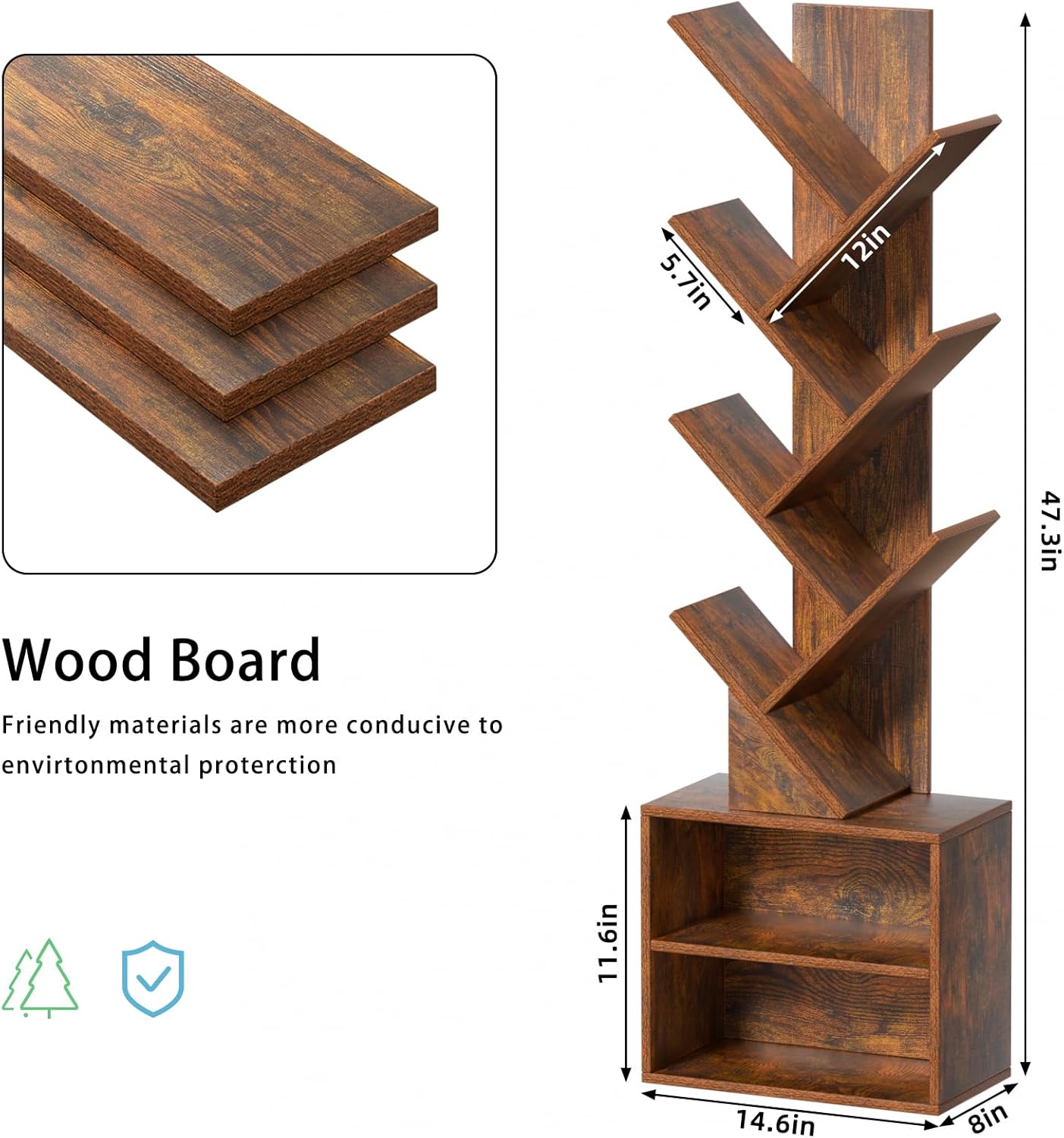 SHEEPAM 10 Tier Tree Bookshelf,Floor Standing Wood Tall Bookcase for Narrow Space, Storage Organizer Bookshelves for Books, Book Case for CDs/Movies/Books,Home Office,Living Room, Bedroom