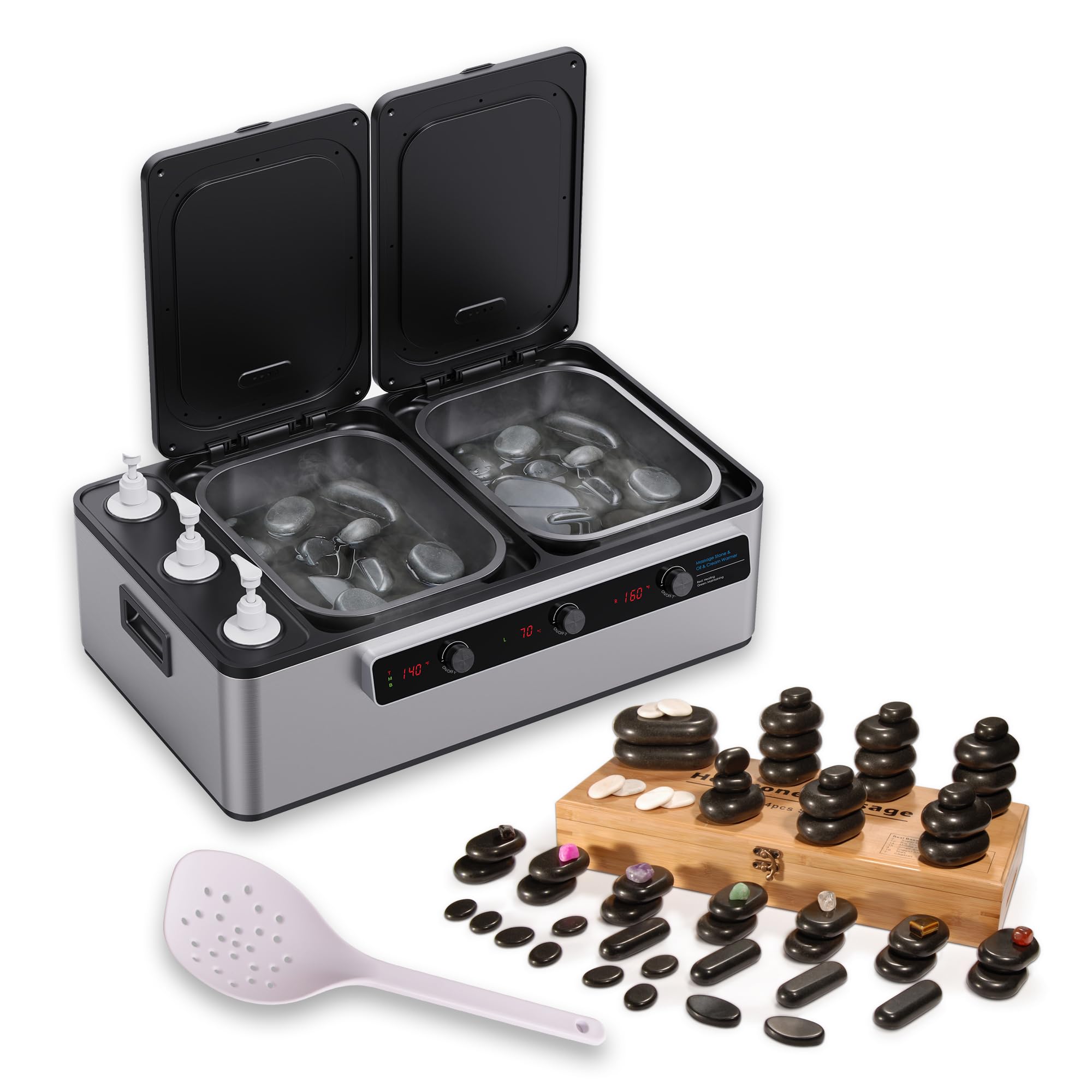 Premium Hot Stone Wärmegerät | Professionelles 2-in-1 Heizgerät für Massagesteine und Massageöl mit digitaler Temperaturanzeige, schnellem Aufheizen & 64 Hot Stones