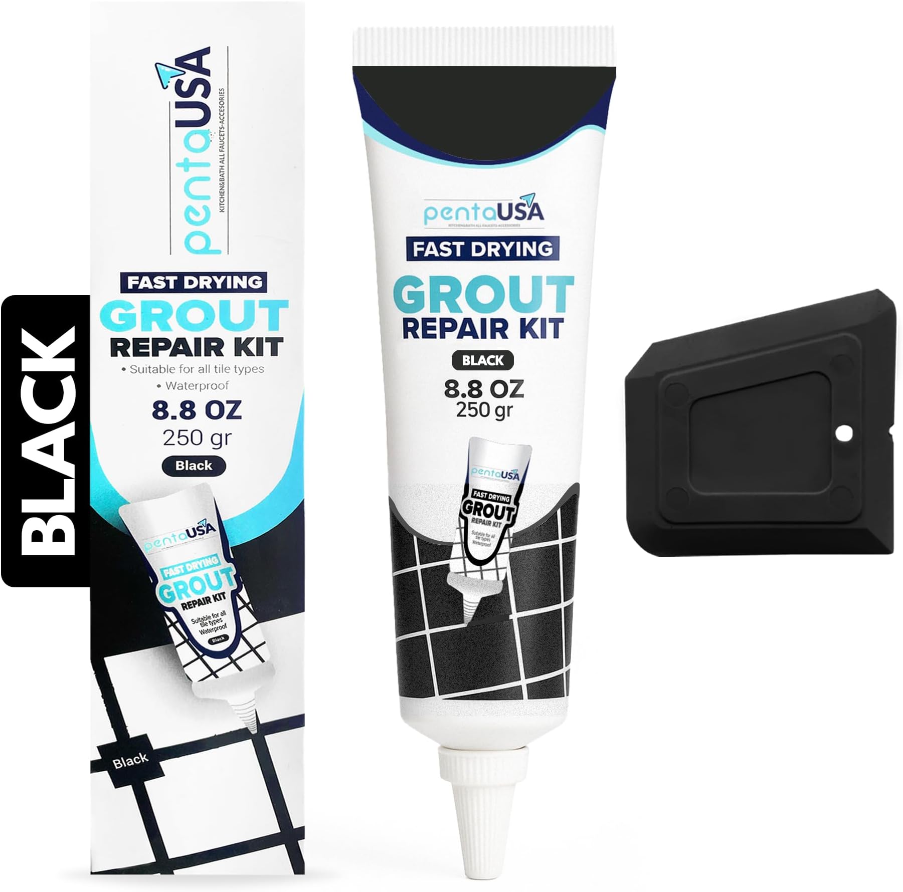 Grout - Ready Mixed Grout Reviver - Fast Drying, No Sealer Required, Perfect for Bathroom, Shower and Kitchen + Mould Protection - 250gr (Black)