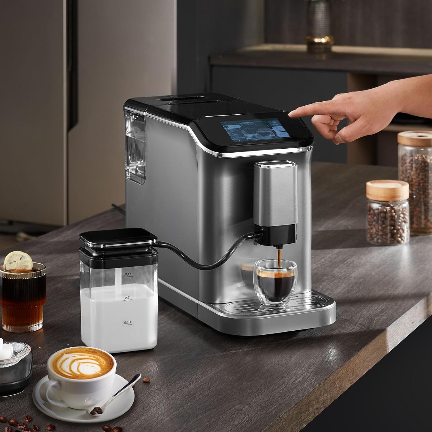 VEVOR Fully Automatic Espresso Machine - with Automatic Milk Frother, 20 Bar Super-Automatic Cappuccino Latte Machine with TFT Touch Screen, Grinder, 15 Grinding Levels, and Removable Milk Reservoir