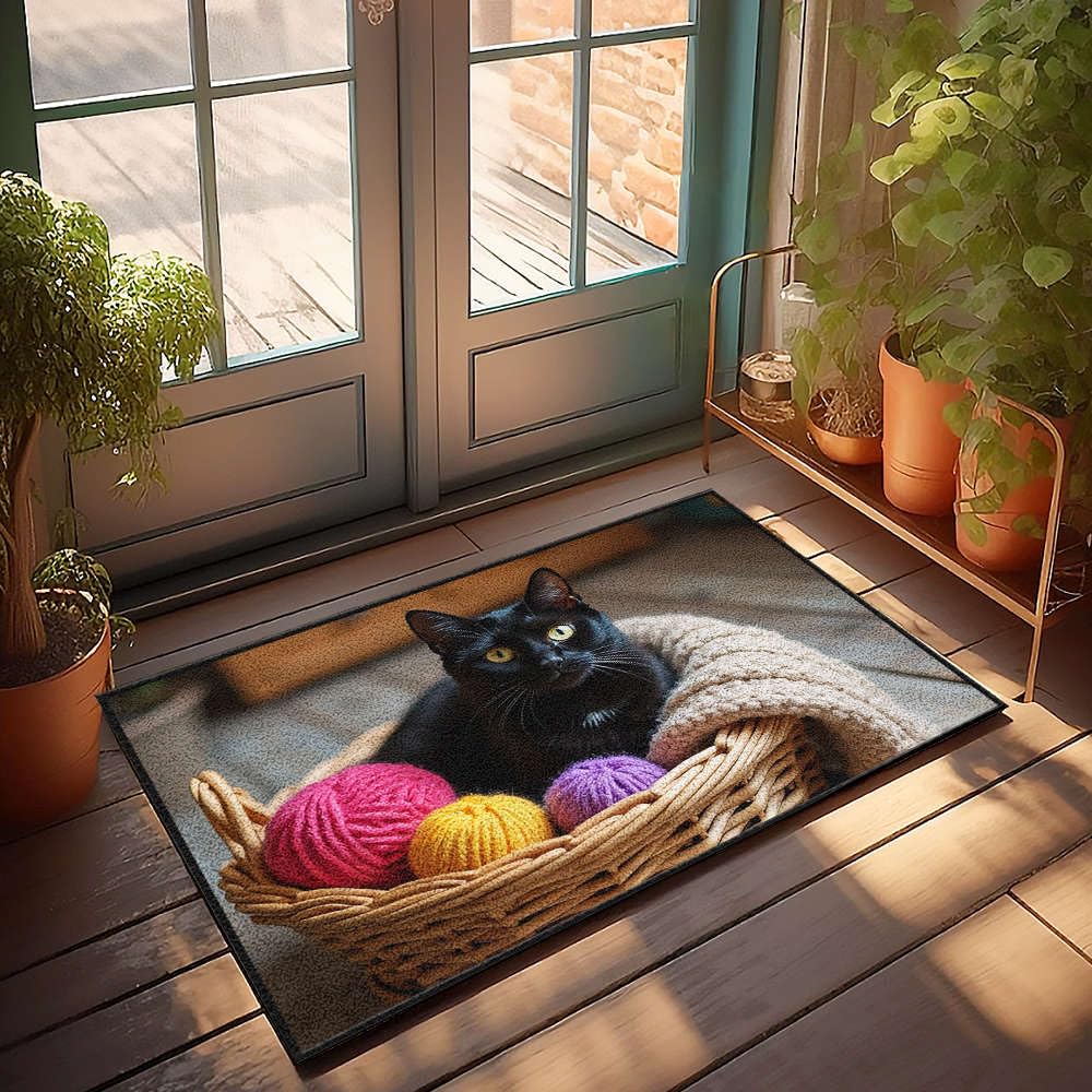 Paillasson d'extérieur chat noir dans son panier en grand format 65x90 cm pour pas de porte