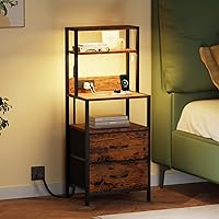 Furnulem Tall Nightstand with 4-Tier Shelves, 2 Fabric Drawers, LED Light & Charging Station - Rustic Brown Bedside Table