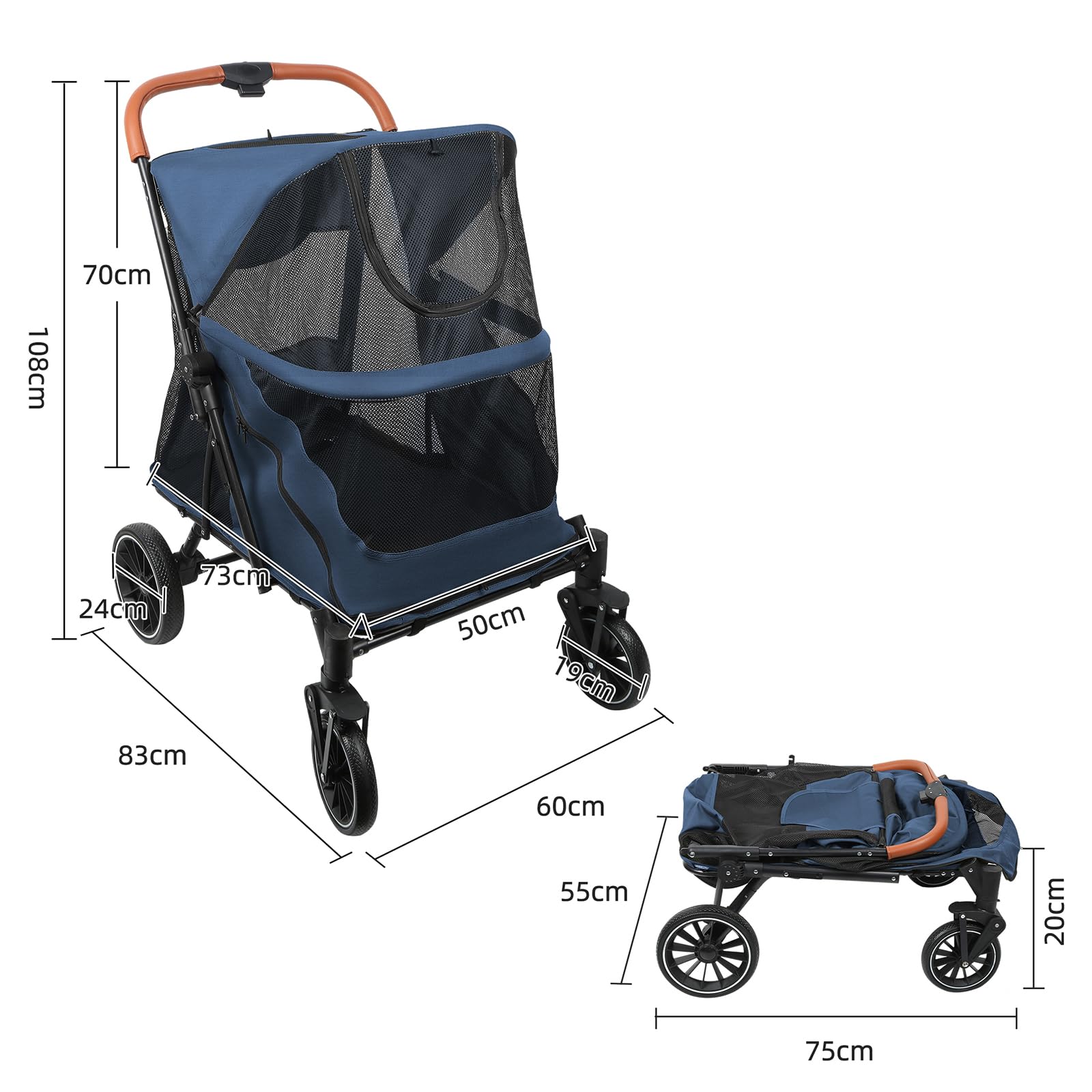 OHMG Grande Poussette chien chat,buggy,poussette pour chien 4 roues en EVA chariot pour chat pliage en un clic, laisse de sécurité, charge 45 kg,avec fenêtre en filet,Ceintures de sécurité