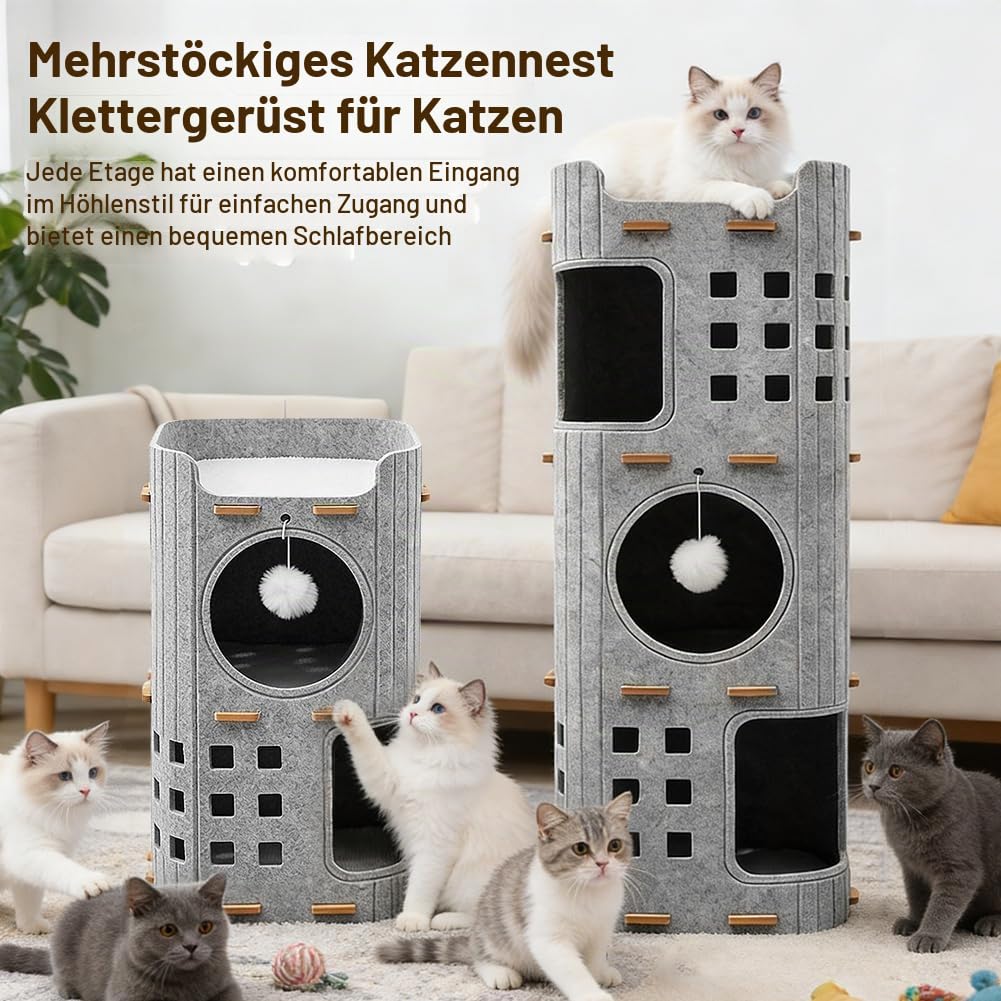 3-Stöckige Katzenhöhle aus Filz kratztonne – Katzenhaus kratztonne für Katzen höhle, 90x37cm,Faltbares Porös Katzenbett, Winterfest & Abnehmbar, Gemütliches Kätzchennest (Grau)