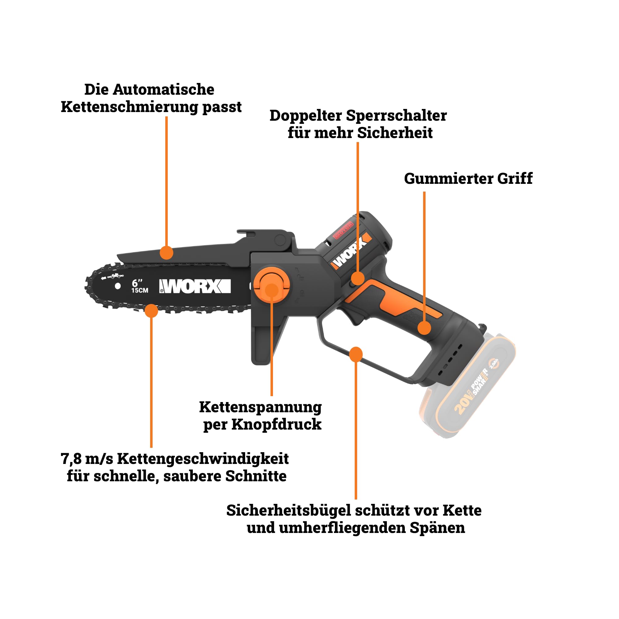 WORX WG327E.9 Akku Mini-Kettensäge 20V, 15 cm Schwertlänge, bürstenloser Motor, werkzeugloser Kettenwechsel und -spannung, ohne Akku und Ladegerät (kompakt, leicht und Strauchpflege)