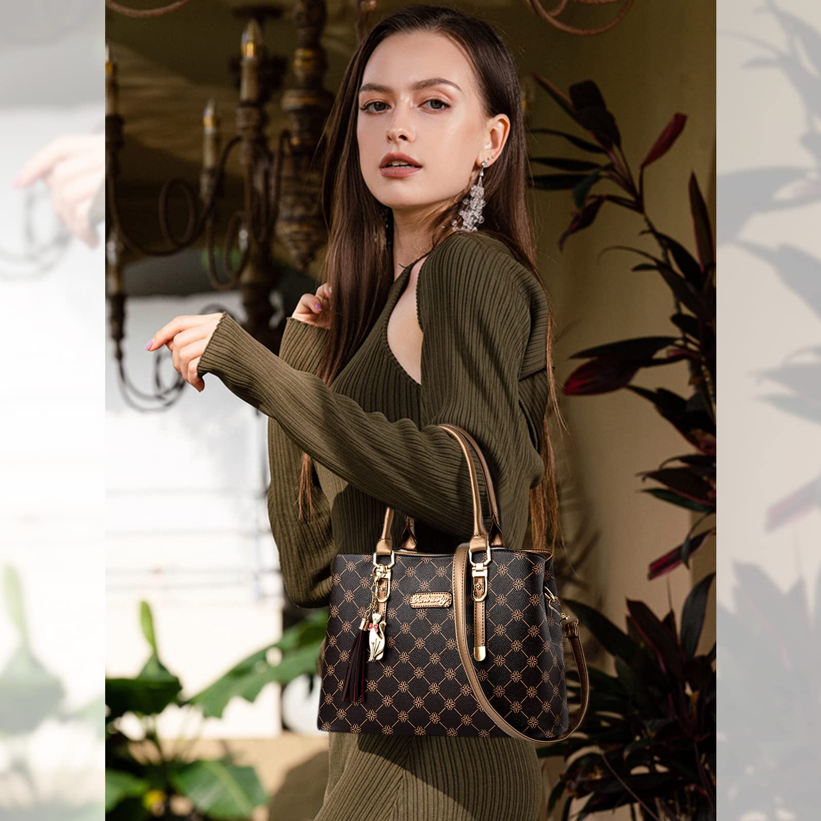 NICOLE & DORIS Bolsos de Mano Mujer Bolso Estampado Bolso Señora Bandolera Elegancia Mediano Bolso Tote Cuero PU Bolsos de Hombro con Colgante Marrón