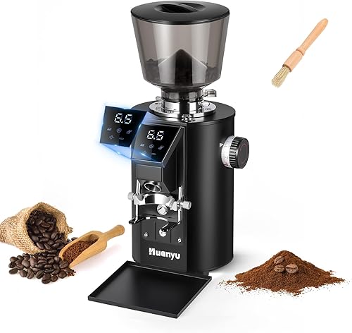 Huanyu Molinillo de café comercial - Control de pantalla táctil, 8 ajustes de molienda, rebaba plana de 2.520 in, modos de dosificación dual para
