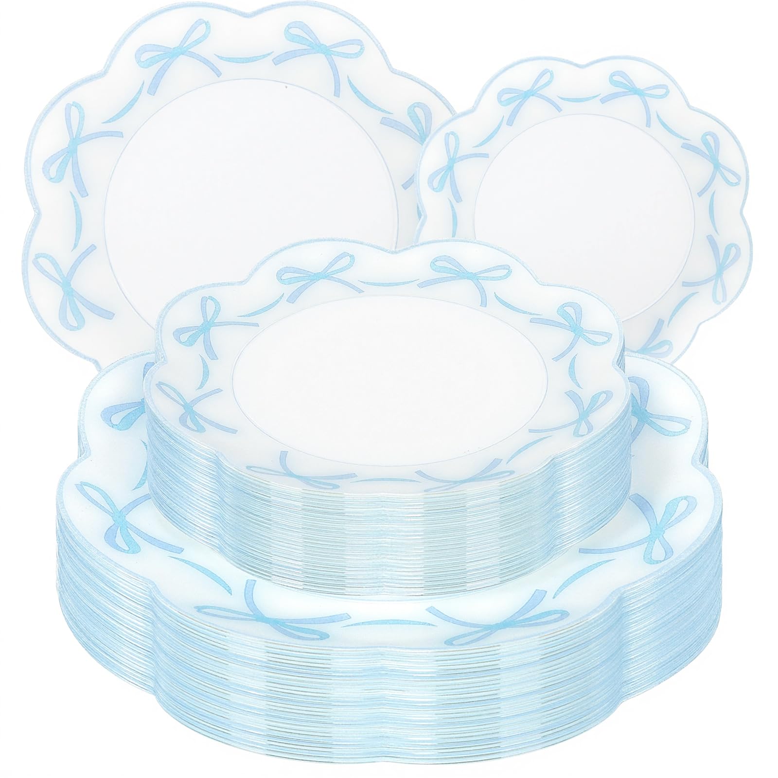 LIYH 60 Pcs Blue Bow Plastic Plates for Party - Blue Bow Knot Scalloped Plastic Plate Disposable Plates Set for Wedding Bridal Shower - 10.25" Dinner & 7.5" Dessert Plate