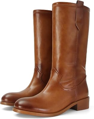 Mid Calf Boots for Women Chunky Block Heel Pull On Boots Round Toe Low Heel Trendy Stylish Riding Boots