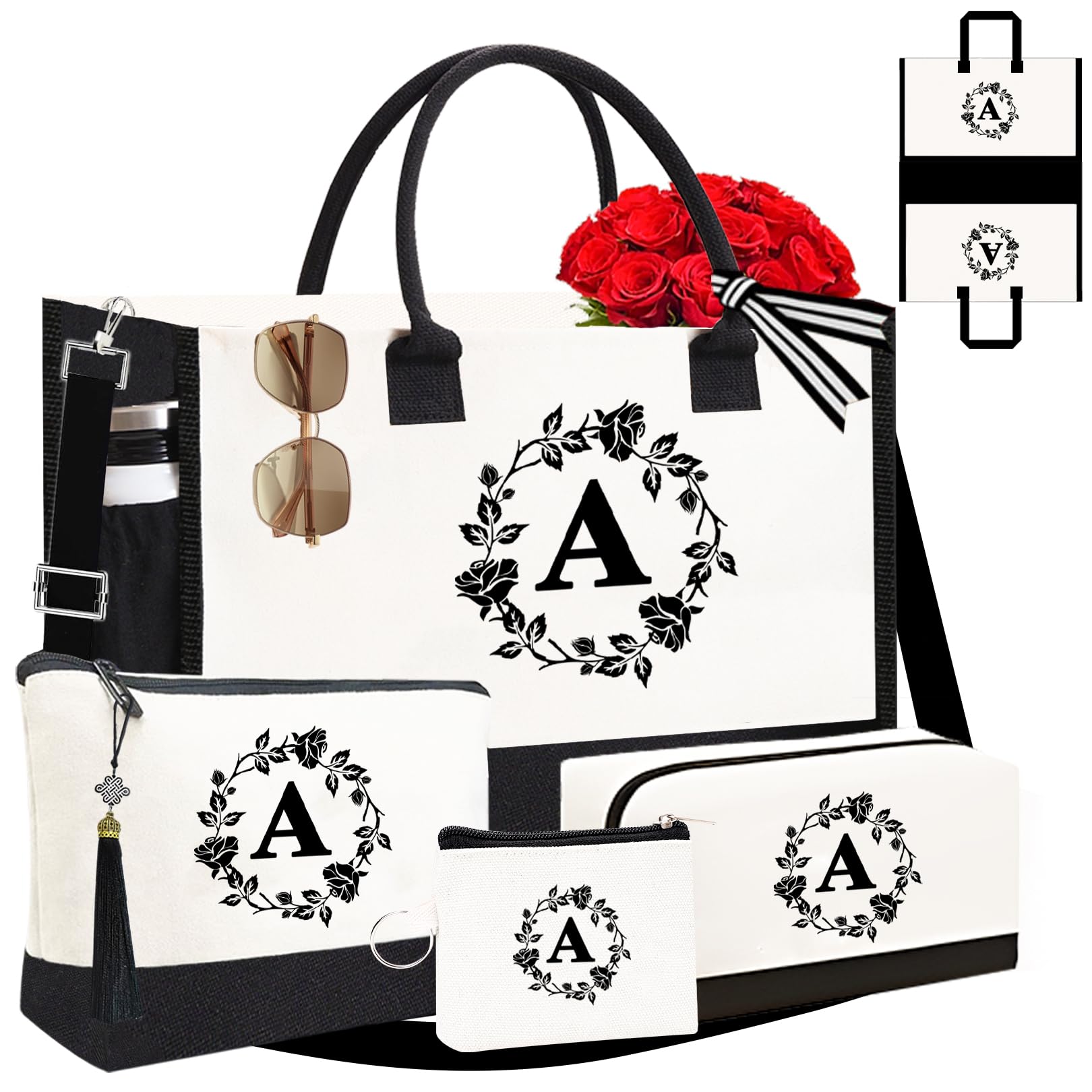 Adoryoung Personalized Tote Bags for Women, 4pcs Monogram Tote Bags, Double-sided Embroidery Initial Tote Bag Birthday Gifts