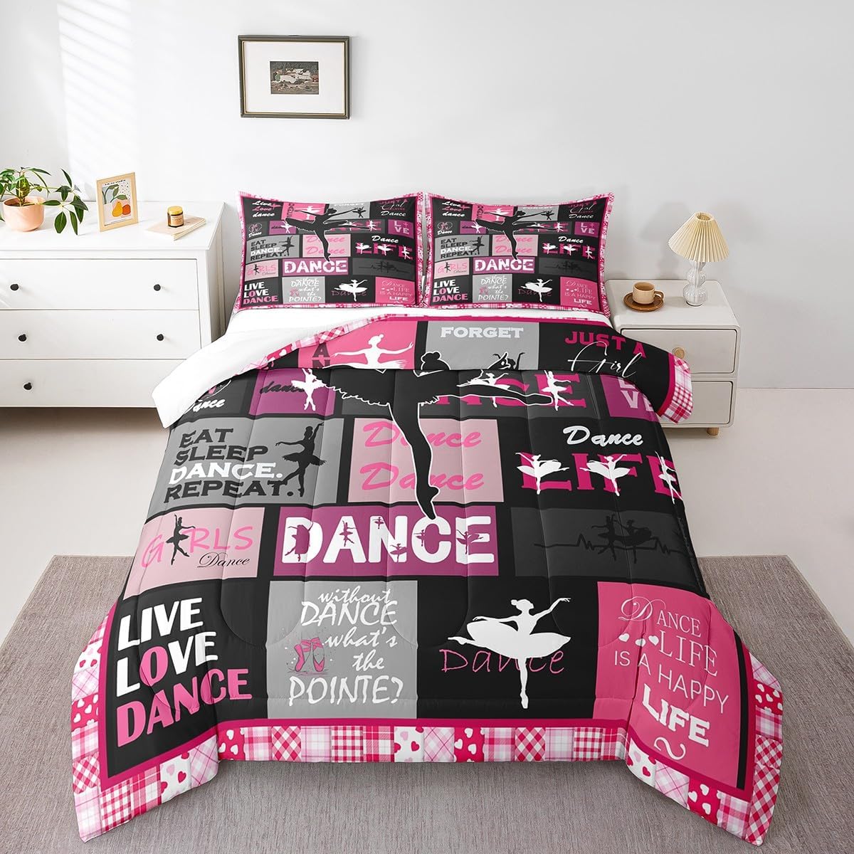 Manfei Dance Comforter Set Twin Size, Ballet Dance Theme Quilt Set with 1 Pillowcase, Ballet Princess Dancer Bedding Set 2pcs for Kids Girls Bedroom Decor, Abstract Art Duvet Insert