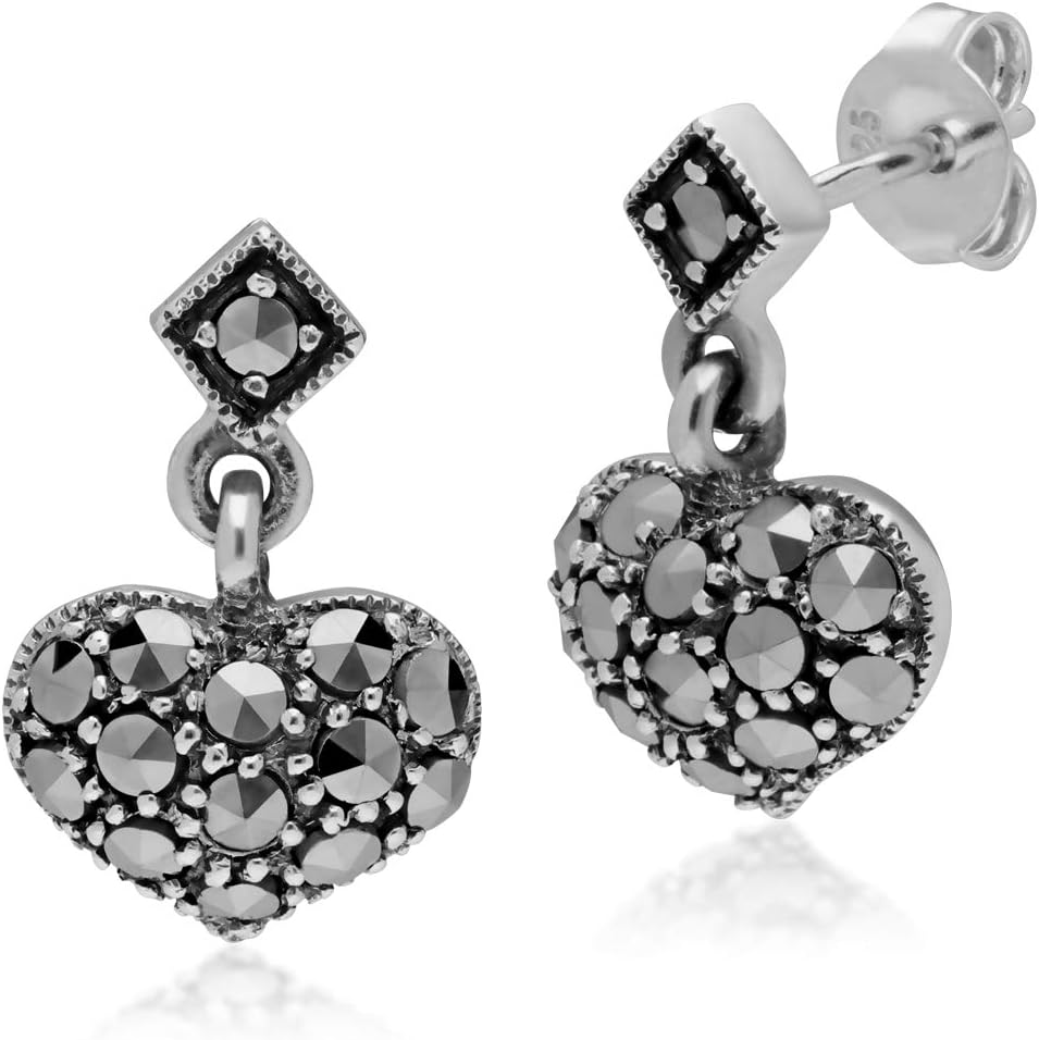 Sterling Silver 925 Marcasite Heart Drop Earrings with Butterfly Push Back for Women