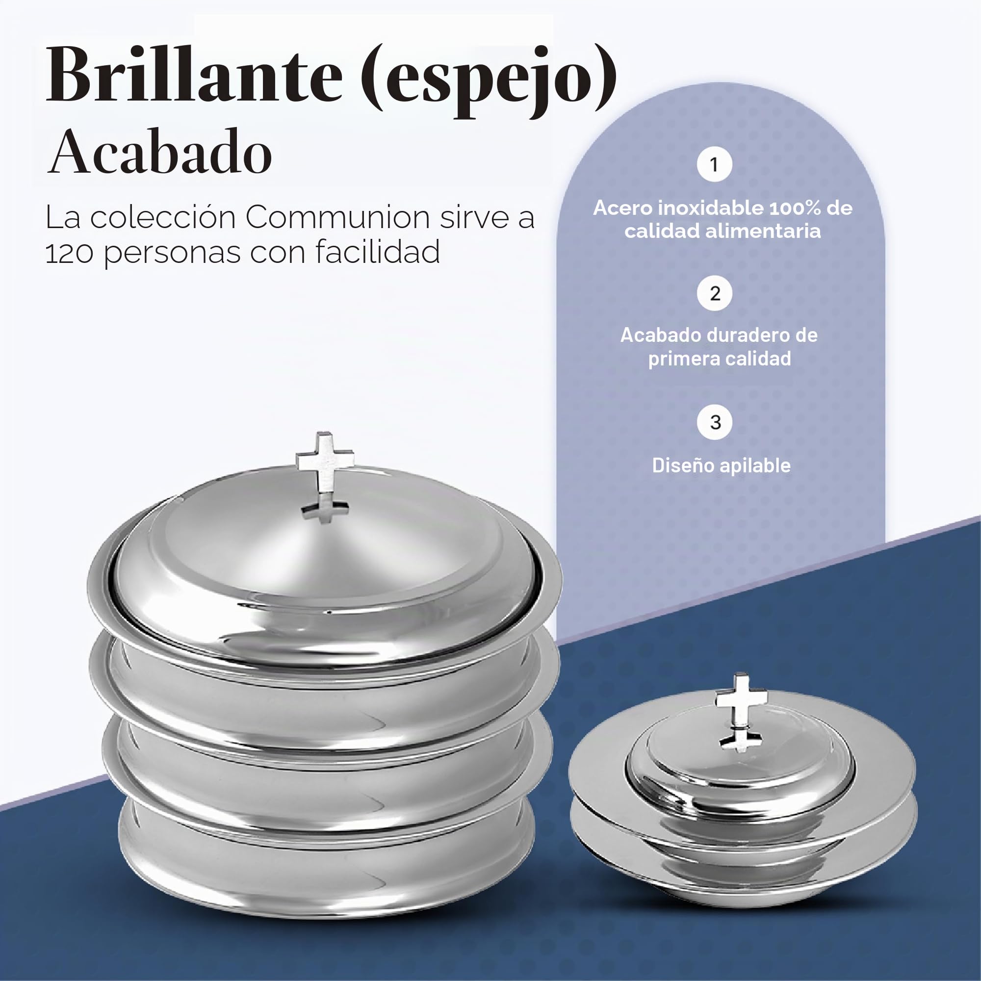 Communion Ware - Juego de 3 bandejas para servir con tapa y 2 platos apilables para pan con tapa, acero inoxidable, espejo/plata