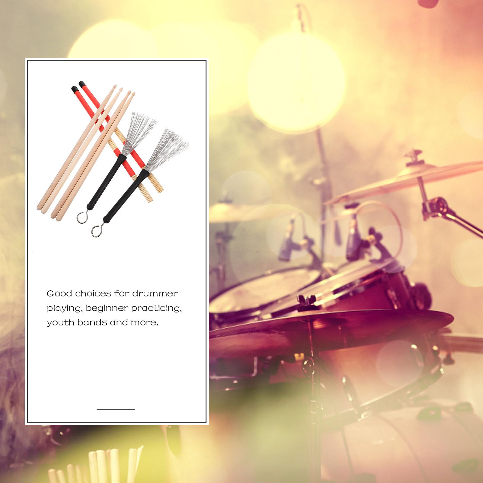 Zerodeko Juego de Baquetas de Batería 5a y Cepillos de Alambre de Acero con Bolsa de Felpa Roja, Kit de Accesorios para Percusión Adecuado para Práctica en Casa, Conciertos y Estudiantes