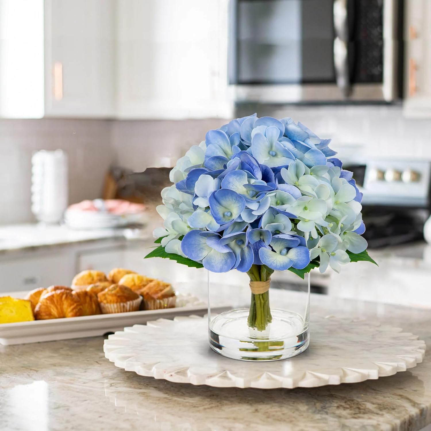 Hollyone Blue Hydrangea Artificial Flowers in Vase Latex Real Touch Small Faux Hydrangea Flowers Arrangements Hydrangeas Fake Flower with Glass Vase with Faux Water for Table Centerpiece Home Decor - Image 4