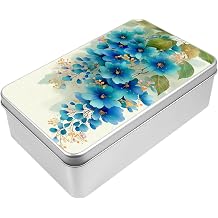 Metal Tin Box, Blue Flowers Rectangular Tin Container With Lid Christmas Gifting Box for Home Organizer, Cookie, Pencil, Car Keys, 7.1 x 4.3 x 2.2 inch