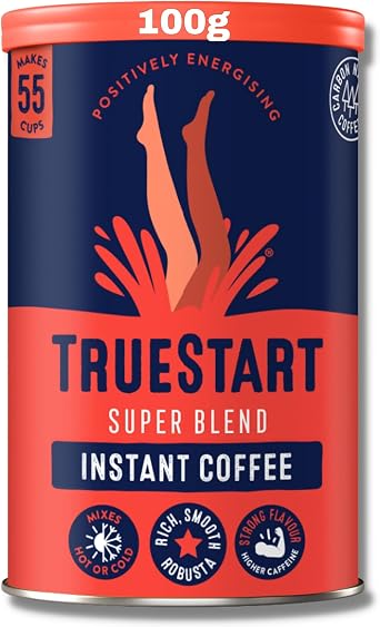 TrueStart Instant Coffee   Barista Grade Super Blend Strong, Dark Roast, Full Flavour Premium Freeze Dried - 100% Brazilian Arabica - Mycotoxin-Free & Antioxidant Rich Coffee - 100g, 1 Pack, 55 Cups