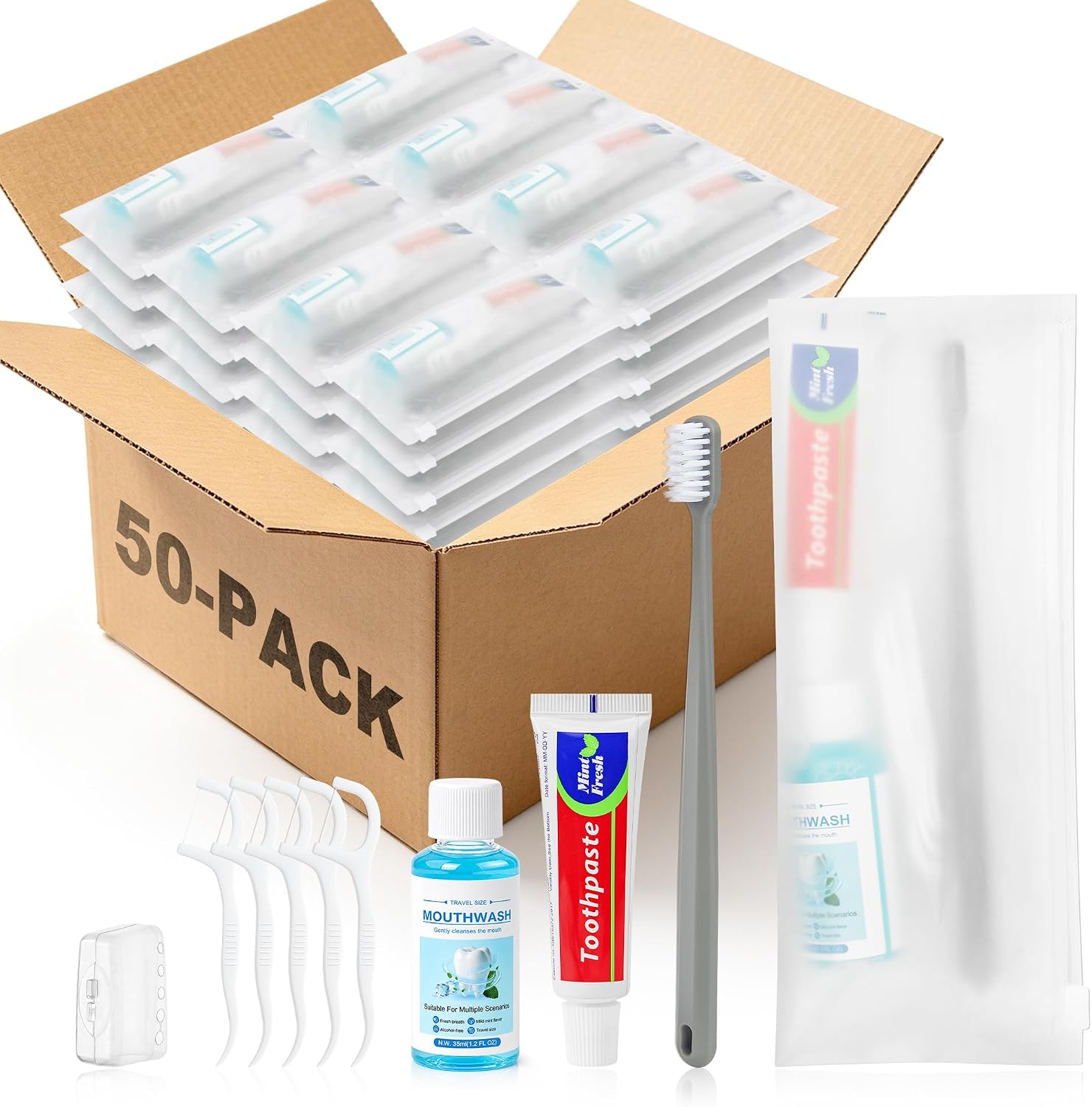 Kocpudu Travel Toothbrush kit Bulk, 5-in-1 Travel Dental kit (50-Pack) | Hygiene kit bulk with toothbrush toothpaste set, floss picks, travel mouthwash, Toothbrush cover, Independent packaging