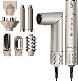 GOKOCO Escovas Secador de Cabelo Profissional 7 em 1 - Incluso 2x Bocal, Difusor, Escova Secadora, 2x Modelador de Cachos, Alisador para Alta Velocidade Para Secar, Alisar e Enrolar, GD032 220v Dourado