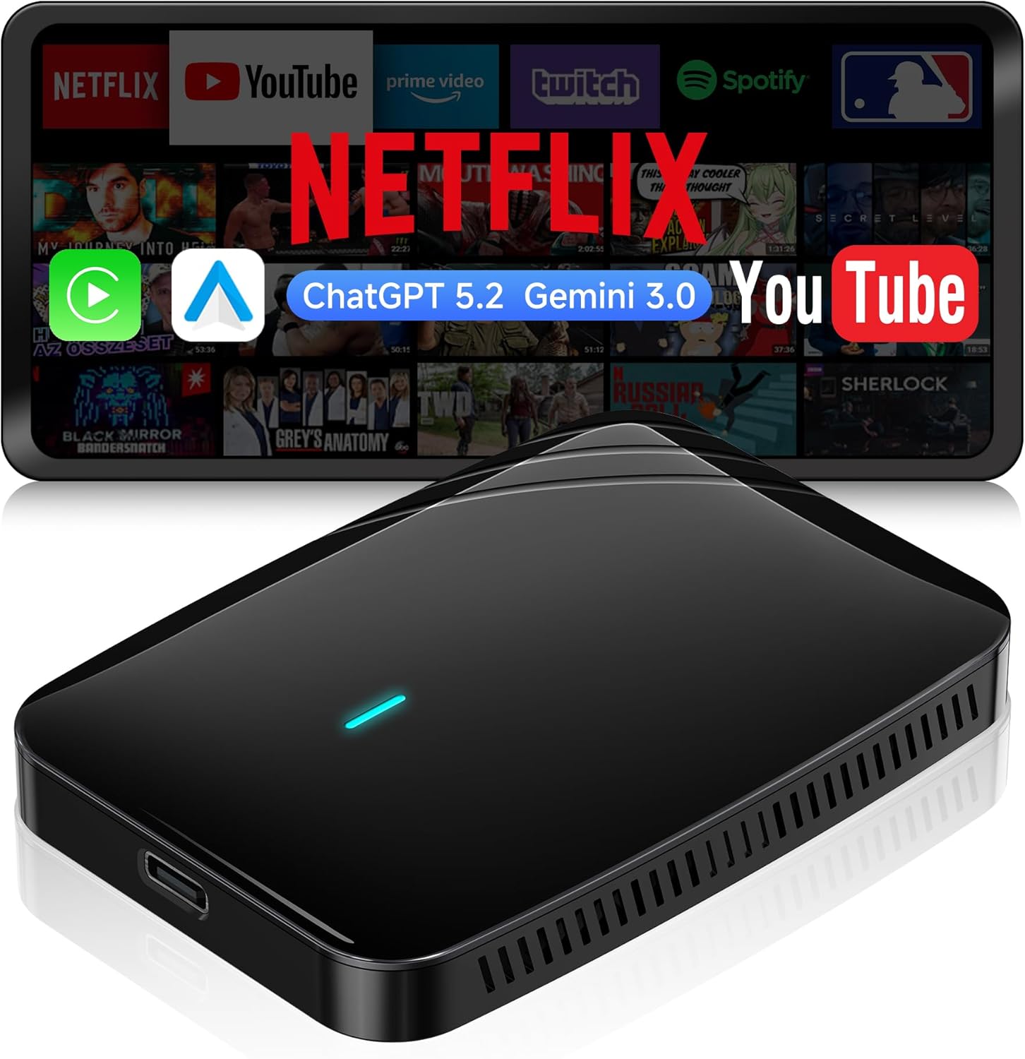 Wireless CarPlay Adapter, Magic AI Box with Dual-WiFi Stability, Wireless CarPlay Box Compatible with Wired Factory CarPlay & Android Auto, Support for YouTube/Netflix(Glossy Black)
