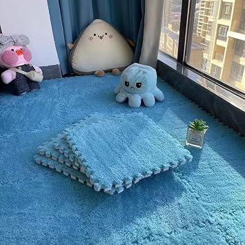 20pcs Plush Puzzle Foam Floor Mats, 11.8x11.8in Soft Interlocking Carpet Tiles,Anti-Slip Puzzle Area Rug Playmat for Room,Blue
