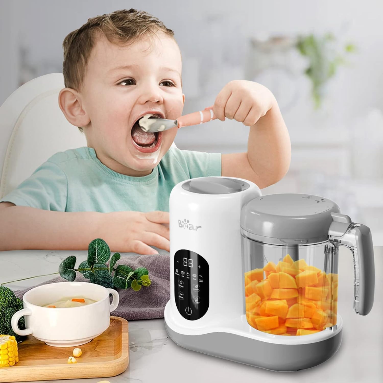Bear Robot Cuiseur Mixeur pour Bébés,Une étape Cuiseur Mixeur Multifonctions 7-en-1 Maker Mixer, Cuisson automatique & Hachage,Fonction autonettoyante,Blanc