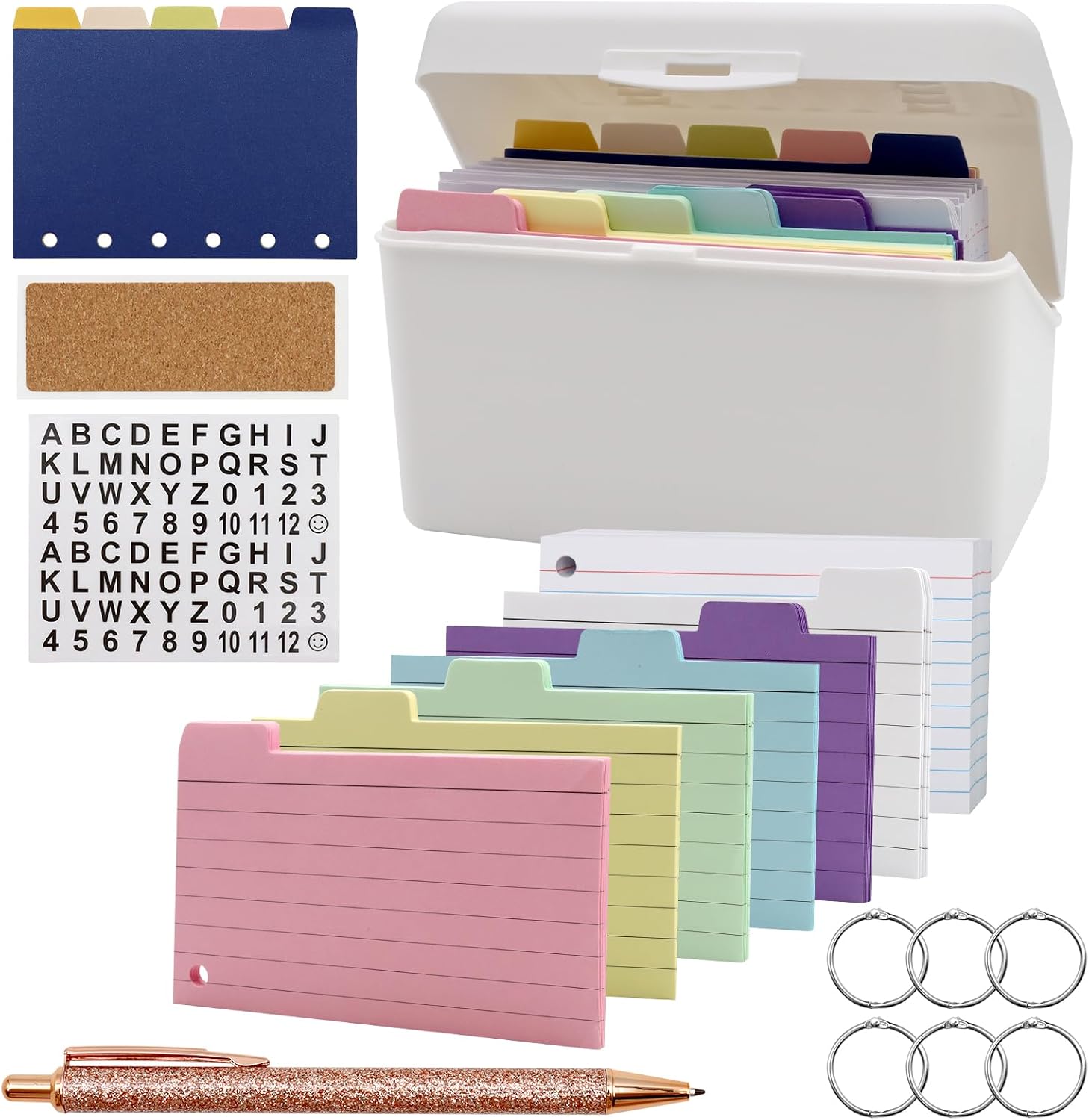 VEGCOO Karteikarten Box Set, Lernkarteibox mit 350 Bunten Verdickten Liniert Karteikarten, 5 Trennkarten, 6 Ringen, 1 Kugelschreiber, 1 Aufkleber, 1 Etikett für Schule Büro Zuhause Unterwegs Lernen